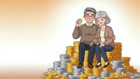 Happy elderly couple sitting on pile of gold and silver coins representing retirement savings and financial security for senior years.