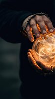 Hands holding glowing energy orb with magical light effects and swirling patterns for fantasy and spiritual concepts.