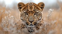 Majestic leopard with intense blue eyes gazes through tall grass in soft focus. Spotted wild cat portrait shows power and grace of African predator in natural habitat.