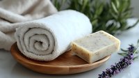 Spa wellness setup with rolled white towel and natural soap bars on wooden tray, lavender sprigs and green plants creating relaxing aromatherapy atmosphere.