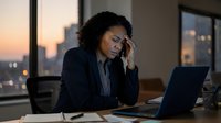 Stressed African American businesswoman working late at office desk with laptop during evening hours, experiencing work pressure and fatigue.