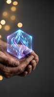 Mature man with dark skin holding glowing neon holographic hexagon crystal with blue and purple light effects against blurred bokeh background for technology and innovation concepts.