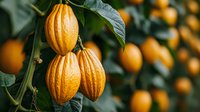 Fresh ripe cacao pods growing on tree branch with green leaves in tropical plantation, natural organic chocolate production background.