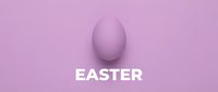 Minimalist Easter banner with a pastel pink egg on a matching lavender background and bold white text for holiday greeting cards and social media.