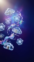 Glowing neon cloud storage icons and geometric crystals with flowing rainbow liquid streams on dark blue gradient background for tech and digital design projects.