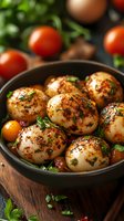 Seasoned baby potatoes with herbs and spices in cast iron skillet, fresh cherry tomatoes and greens in background for healthy meal preparation.