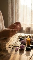 Woman hands holding crystal sphere during spiritual healing session with amethyst stones, coins and candle on wooden table in warm sunlight.