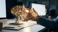 Business professional holding glowing digital brain hologram in modern office workspace representing artificial intelligence and innovation technology.