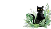 Black cat sitting among tropical green leaves and ferns on white background, domestic pet with yellow eyes surrounded by botanical foliage elements.