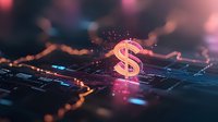 Glowing dollar symbol on futuristic circuit board with pink and blue light effects. Financial technology concept showing digital currency and electronic trading market data.
