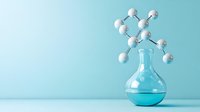 Molecular structure model emerging from laboratory flask with blue liquid on turquoise background, representing chemistry, science research, and molecular biology concepts.