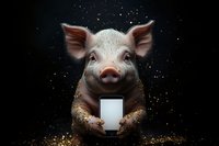 Funny pig holding smartphone with blank screen on dark background with golden glitter and stars, digital art concept for social media addiction.