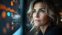 Middle-aged Caucasian businesswoman with blonde hair gazing thoughtfully at digital display screen in modern office environment with warm bokeh lighting.