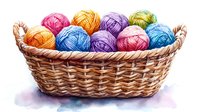 Colorful yarn balls in woven basket, bright rainbow colors of wool skeins for knitting and crochet projects, craft supplies on white background.
