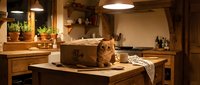 Ginger cat sitting on wooden table in warm-lit rustic kitchen with pendant lights, potted plants, and vintage decor, creating cozy home atmosphere for lifestyle and pet photography.