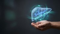 Human hands holding glowing digital liver organ with blue energy waves on dark background for medical healthcare technology concepts.