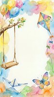 Watercolor frame with colorful balloons, tree swing, kite, paper boat and butterfly on white background for children party invitations and greeting cards.