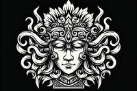 Mystical sun god face with ornate crown and swirling decorative elements in white against black background, featuring detailed line art and symmetrical design.
