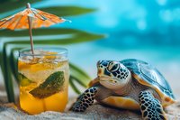 Playful summer scene with sea turtle figurine next to tropical cocktail garnished with tiny umbrella on sandy beach against turquoise ocean background.