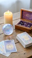 Spiritual divination setup with tarot cards, crystal ball, burning candle and gemstone collection in wooden box on rustic table for fortune telling sessions.