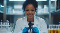 Young African American female scientist in white lab coat smiling while working with microscope in research laboratory. Test tubes and lab equipment in background.