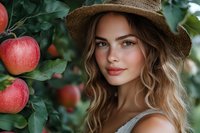 Young Caucasian woman in straw hat standing near apple tree in orchard, natural summer light and fresh red apples on green background, lifestyle portrait.