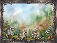Watercolor illustration of three raccoons in natural woodland setting with lush vegetation, ferns, and wildflowers, surrounded by ornate decorative frame border.