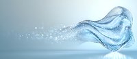 Flowing water splash frozen in motion creates dynamic wave shape with sparkling droplets against light blue background, abstract liquid art composition.