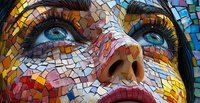 Close-up mosaic artwork depicting vibrant eyes and nose with colorful glass or tile pieces creating dramatic facial features against artistic pattern background.
