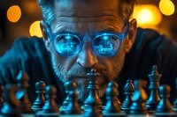 Mature bearded man in glasses with chess pieces reflection playing strategic game. Dark atmospheric lighting with blue technology glow creates dramatic mood.