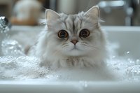 Adorable fluffy kitten with big orange eyes sitting in white bathtub surrounded by soap bubbles during bath time in modern bathroom interior.