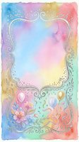 Watercolor rainbow gradient frame with ornate swirls, flowers and balloons for party invitations, greeting cards and celebration designs.