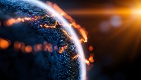 Digital globe surface with glowing orange light effects and binary code pattern representing global technology network and data exchange across world sphere.