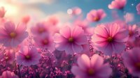 Pink cosmos flowers in dreamy soft focus against blurred purple background with bokeh lights, creating romantic garden atmosphere at sunset.