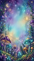 Enchanted forest border with whimsical mushrooms, glowing stars, and celestial moon against purple and turquoise galaxy background. Magical woodland frame with botanical elements for fantasy designs.