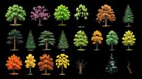 Set of diverse trees isolated on transparent background, ready for clipart, stickers, t-shirt design, sublimation, and print on demand projects.