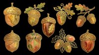 Ornate acorns with decorative golden caps and leaf details isolated on transparent background. Ready for clipart, t-shirt design, stickers, sublimation, print-on-demand products and digital crafts.