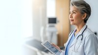 Mature female doctor with gray hair using digital tablet in modern hospital corridor, healthcare professional reviewing patient data.