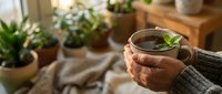 Mature woman with medium brown skin tone holding warm herbal tea cup with mint leaf garnish, surrounded by potted green plants in cozy home interior setting for wellness and lifestyle content.