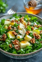 Fresh kale salad with walnuts, pears and parmesan cheese drizzled with honey dressing in ceramic bowl for healthy eating and nutrition concepts.