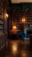 Elegant vintage library interior with ornate wooden bookshelves, blue velvet armchair, warm lighting and classic fireplace for luxury home design.