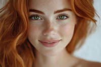 Close up portrait of young woman with natural freckles, red ginger hair and green eyes smiling gently at camera against light background.