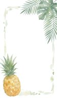 Watercolor tropical frame with pineapple, monstera and palm leaves on white background. Suitable for invitations, greeting cards, social media posts and summer designs.