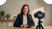 Middle-aged woman with brown wavy hair and fair complexion, wearing navy blazer and white shirt, sitting at desk recording video content with professional camera on tripod for vlogging, streaming, or online course creation.