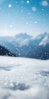 Snowy winter landscape with blurred mountains, falling snowflakes and bokeh lights. Seasonal background for holiday designs, greeting cards and winter-themed projects.