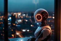 Futuristic robot with glowing red eyes gazes at city lights through window at dusk, creating atmospheric mood with bokeh lights and urban skyline in background.