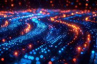 Abstract digital data streams flowing in curved patterns with glowing blue and orange particles creating futuristic technology visualization for cyber concepts.