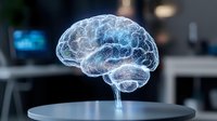 Glowing holographic brain model floating above surface in medical office, showcasing advanced neuroscience and artificial intelligence technology visualization.