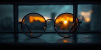 Round sunglasses with golden mirrored lenses reflecting sunset sky, positioned on dark surface near window with urban backdrop, suitable for fashion and lifestyle content.