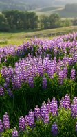 Purple lupine wildflowers blooming in scenic countryside meadow with rolling hills and trees in soft morning light creating peaceful natural landscape.